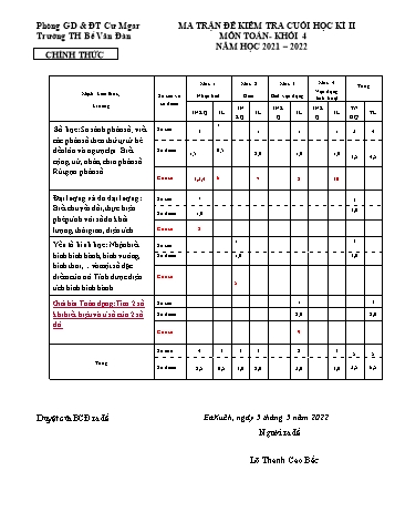 Đề kiểm tra định kì cuối học kì II môn Toán Lớp 4 - Năm học 2021-2022 - Lô Thanh Cao Bắc (Có đáp án)