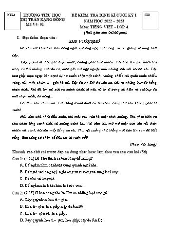 Đề kiểm tra định kì cuối kỳ I môn Tiếng Việt Lớp 4 - Năm học 2022-2023 - Trường Tiểu học Thị trấn Rạng Đông