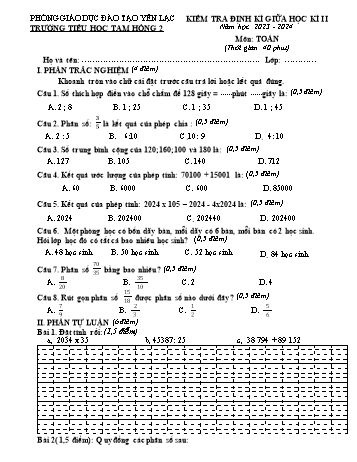 Đề kiểm tra định kì giữa học kì II môn Toán Lớp 4 - Năm học 2023-2024 - Trường Tiểu học Tam Hồng 2