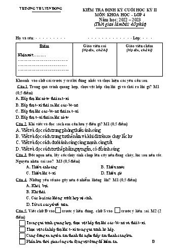 Đề kiểm tra định kỳ cuối học kỳ II môn Khoa học Lớp 4 - Năm học 2022-2023 - Trường Tiểu học Liên Hồng (Có đáp án)