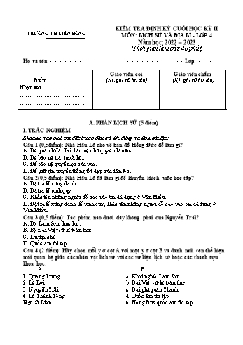 Đề kiểm tra định kỳ cuối học kỳ II môn Lịch sử và Địa lí Lớp 4 - Năm học 2022-2023 - Trường Tiểu học Liên Hồng (Có đáp án)