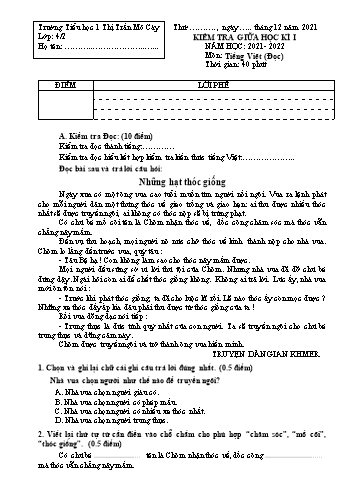 Đề kiểm tra giữa học kì I môn Tiếng Việt Lớp 4 (Đọc) - Năm học 2021-2022 - Trường Tiểu học 1 Thị trấn Mỏ Cày - Đề 2 (Có đáp án)