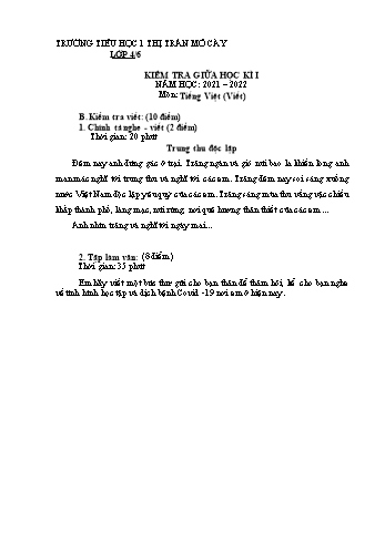 Đề kiểm tra giữa học kì I môn Tiếng Việt Lớp 4 (Viết) - Năm học 2021-2022 - Trường Tiểu học 1 Thị trấn Mỏ Cày - Đề 6 (Có đáp án)