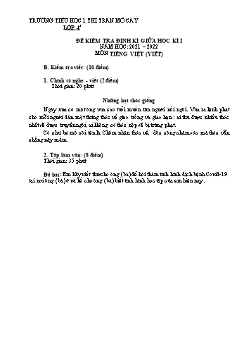 Đề kiểm tra giữa học kì I môn Tiếng Việt Lớp 4 (Viết) - Năm học 2021-2022 - Trường Tiểu học 1 Thị trấn Mỏ Cày - Đề 3 (Có đáp án)