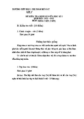 Đề kiểm tra giữa học kì I môn Tiếng Việt Lớp 4 (Viết) - Năm học 2021-2022 - Trường Tiểu học 1 Thị trấn Mỏ Cày - Đề 1 (Có đáp án)