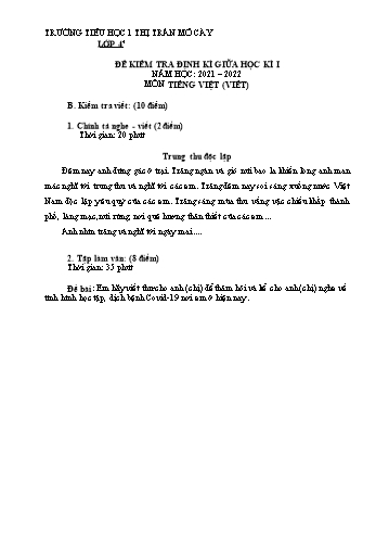 Đề kiểm tra giữa học kì I môn Tiếng Việt Lớp 4 (Viết) - Năm học 2021-2022 - Trường Tiểu học 1 Thị trấn Mỏ Cày - Đề 4 (Có đáp án)