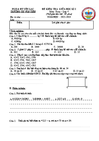 Đề kiểm tra giữa học kì I môn Toán Lớp 4 - Năm học 2022-2023 - Trường Tiểu học Văn Tiến (Có đáp án)
