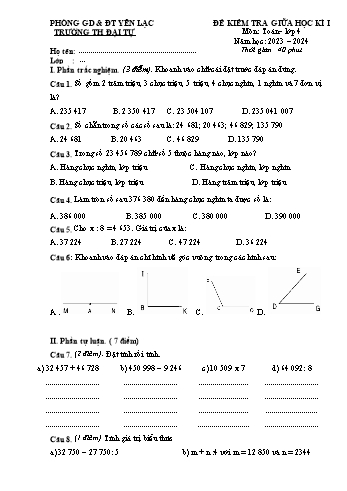 Đề kiểm tra giữa học kì I môn Toán Lớp 4 - Năm học 2023-2024 - Trường Tiểu học Đại Tự
