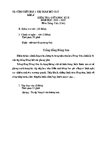 Đề kiểm tra giữa học kì II môn Tiếng Việt Lớp 4 (Viết) - Năm học 2021-2022 - Trường Tiểu học 1 Thị trấn Mỏ Cày - Đề 5 (Có đáp án)