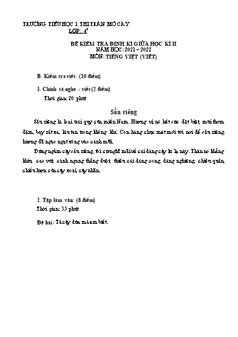 Đề kiểm tra giữa học kì II môn Tiếng Việt Lớp 4 (Viết) - Năm học 2021-2022 - Trường Tiểu học 1 Thị trấn Mỏ Cày - Đề 2 (Có đáp án)