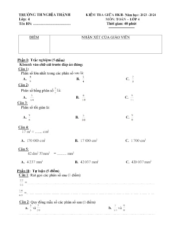 Đề kiểm tra giữa học kì II môn Toán Lớp 4 - Năm học 2023-2024 - Trường Tiểu học Nghĩa Thành (Có đáp án)