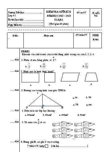 Đề kiểm tra giữa kì II môn Toán Lớp 4 - Năm học 2022-2023 - Đề 1 (Có đáp án)