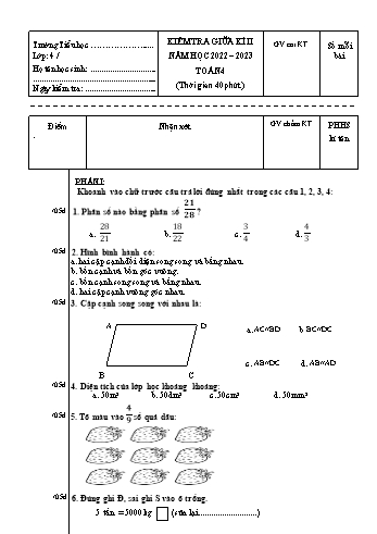 Đề kiểm tra giữa kì II môn Toán Lớp 4 - Năm học 2022-2023 - Đề 2 (Có đáp án)