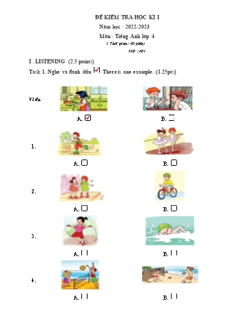 Đề kiểm tra học kì I môn Tiếng Anh Lớp 4 - Năm học 2022-2023 - Trường Tiểu học Thị trấn Rạng Đông (Có file nghe)