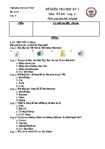 Đề kiểm tra học kỳ I môn Tin học Lớp 4 - Năm học 2022-2023 - Trường Tiểu học Văn Tiến