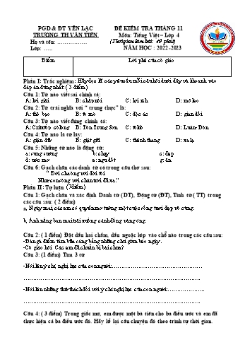 Đề kiểm tra tháng 11 môn Tiếng Việt Lớp 4 - Năm học 2022-2023 - Trường Tiểu học Văn Tiến (Có đáp án)