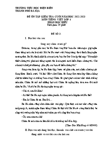 Đề ôn tập kiểm tra cuối học kì II môn Tiếng Việt Lớp 4 (Đọc hiểu) - Năm học 2022-2023 - Trường Tiểu học Điện Biên - Đề số 3