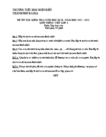 Đề ôn tập, kiểm tra cuối học kì II môn Tiếng Việt Lớp 4 (Tập làm văn) - Năm học 2022-2023 - Trường Tiểu học Điện Biên