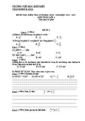 Đề ôn tập kiểm tra cuối học kì II môn Toán Lớp 4 - Năm học 2022-2023 - Trường Tiểu học Điện Biên - Đề số 4
