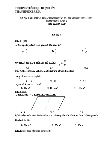 Đề ôn tập kiểm tra cuối học kì II môn Toán Lớp 4 - Năm học 2022-2023 - Trường Tiểu học Điện Biên - Đề số 2