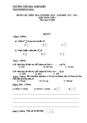 Đề ôn tập kiểm tra cuối học kì II môn Toán Lớp 4 - Năm học 2022-2023 - Trường Tiểu học Điện Biên - Đề số 5